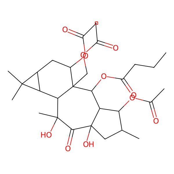 2D Structure of [4,15-Diacetyloxy-1-(acetyloxymethyl)-7,9-dihydroxy-5,9,12,12-tetramethyl-8-oxo-2-tetracyclo[8.5.0.03,7.011,13]pentadecanyl] butanoate