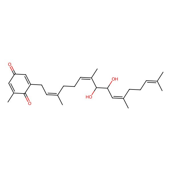2D Structure of 2-[(2E,6E,8S,9S,10E)-8,9-dihydroxy-3,7,11,15-tetramethylhexadeca-2,6,10,14-tetraenyl]-6-methylcyclohexa-2,5-diene-1,4-dione