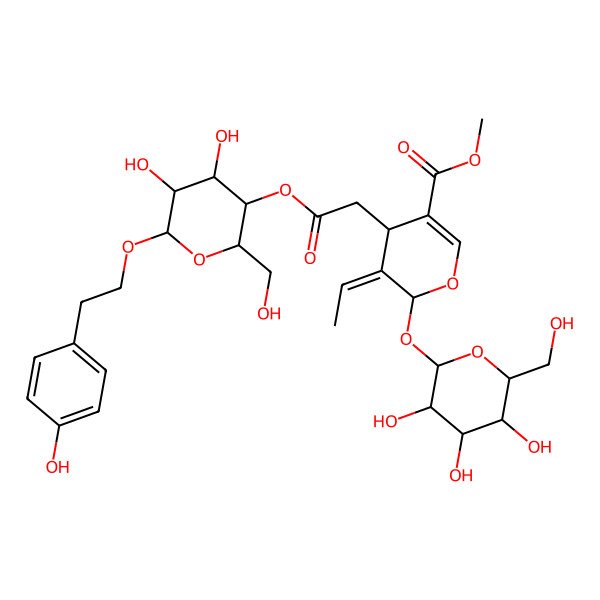 2D Structure of methyl (4S,5E,6S)-4-[2-[(2R,3S,4R,5R,6R)-4,5-dihydroxy-2-(hydroxymethyl)-6-[2-(4-hydroxyphenyl)ethoxy]oxan-3-yl]oxy-2-oxoethyl]-5-ethylidene-6-[(2S,3R,4S,5S,6S)-3,4,5-trihydroxy-6-(hydroxymethyl)oxan-2-yl]oxy-4H-pyran-3-carboxylate