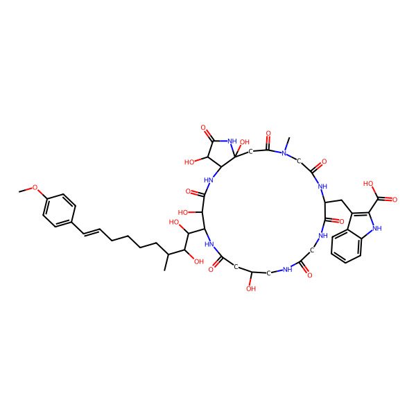 2D Structure of 3-({19-[(8E)(1S,2S,3R)-1,2-Dihydroxy-9-(4-methoxyphenyl)-3-methylnon-8-enyl](1S,20S,23S,8R,15R,19R,24R)-4,7,10,13,18,22,26-heptaaza-1,15,20,24-tetrahydroxy-4-methyl-3,6,9,12,17,21,25-heptaoxobicyclo[21.3.0]hexacos-8-yl}methyl)indole-2-carboxylic acid