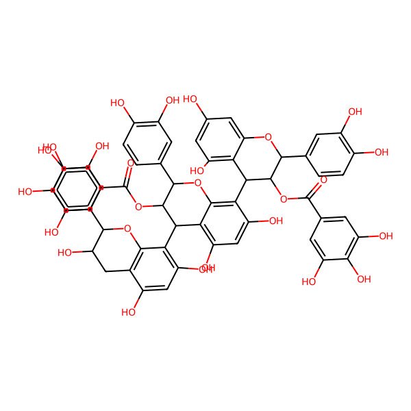 2D Structure of [(2S,3S,4S)-2-(3,4-dihydroxyphenyl)-4-[(2S,3S,4R)-2-(3,4-dihydroxyphenyl)-4-[(2S,3S)-2-(3,4-dihydroxyphenyl)-3,5,7-trihydroxy-3,4-dihydro-2H-chromen-8-yl]-5,7-dihydroxy-3-(3,4,5-trihydroxybenzoyl)oxy-3,4-dihydro-2H-chromen-8-yl]-5,7-dihydroxy-3,4-dihydro-2H-chromen-3-yl] 3,4,5-trihydroxybenzoate