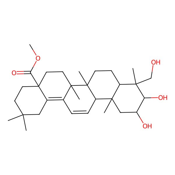 2D Structure of Methyl 10,11-dihydroxy-9-(hydroxymethyl)-2,2,6a,6b,9,12a-hexamethyl-1,3,4,5,6,6a,7,8,8a,10,11,12-dodecahydropicene-4a-carboxylate