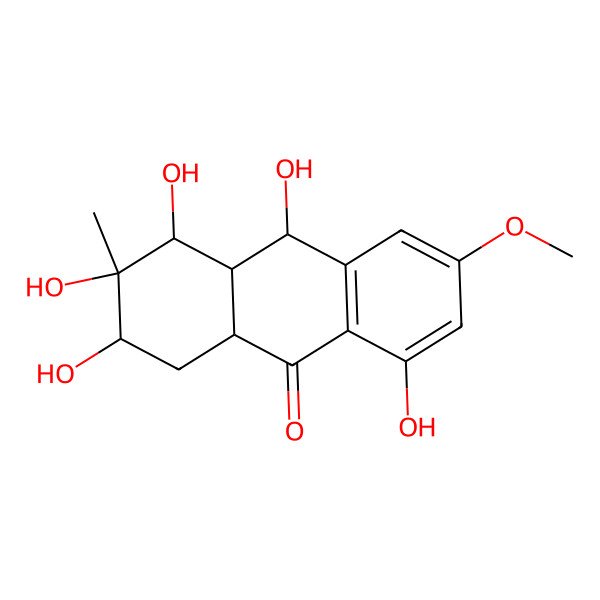 2D Structure of (2R,3R,4R,4aR,9aS,10R)-2,3,4,8,10-pentahydroxy-6-methoxy-3-methyl-1,2,4,4a,9a,10-hexahydroanthracen-9-one