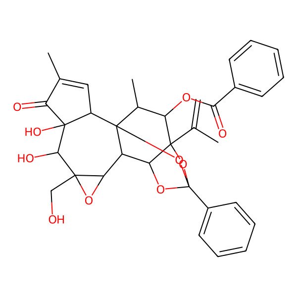 2D Structure of [(1R,2R,6S,7S,8R,10S,11R,12R,14S,16S,17R,18R)-6,7-dihydroxy-8-(hydroxymethyl)-4,18-dimethyl-5-oxo-14-phenyl-16-prop-1-en-2-yl-9,13,15,19-tetraoxahexacyclo[12.4.1.01,11.02,6.08,10.012,16]nonadec-3-en-17-yl] benzoate