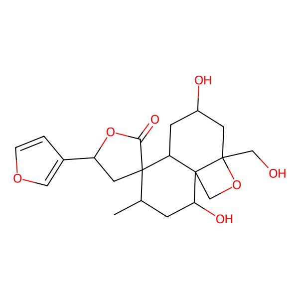 2D Structure of (2aR,4R,5'S,5aR,6S,7S,9S,9aR)-5'-(furan-3-yl)-4,9-dihydroxy-2a-(hydroxymethyl)-7-methylspiro[1,3,4,5,5a,7,8,9-octahydronaphtho[1,8a-b]oxete-6,3'-oxolane]-2'-one