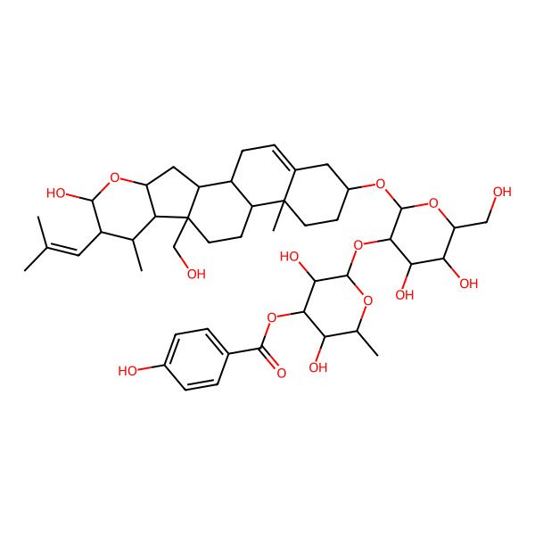 2D Structure of [(2R,3S,4R,5S,6S)-2-[(2S,3S,4R,5R,6S)-4,5-dihydroxy-2-[[(1S,2R,4S,6S,7R,8R,9S,10S,13S,14R,17R)-6-hydroxy-10-(hydroxymethyl)-8,14-dimethyl-7-(2-methylprop-1-enyl)-5-oxapentacyclo[11.8.0.02,10.04,9.014,19]henicos-19-en-17-yl]oxy]-6-(hydroxymethyl)oxan-3-yl]oxy-3,5-dihydroxy-6-methyloxan-4-yl] 4-hydroxybenzoate