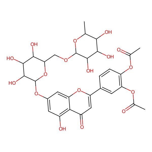 2D Structure of [2-acetyloxy-4-[5-hydroxy-4-oxo-7-[(2S,3R,4S,5S,6R)-3,4,5-trihydroxy-6-[[(2R,3R,4R,5R,6S)-3,4,5-trihydroxy-6-methyloxan-2-yl]oxymethyl]oxan-2-yl]oxychromen-2-yl]phenyl] acetate