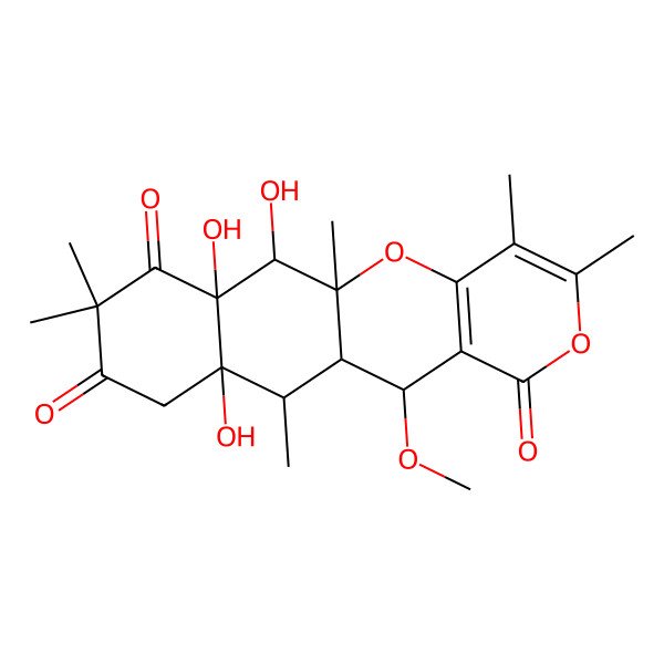 2D Structure of 12,17,18-Trihydroxy-9-methoxy-1,4,5,11,15,15-hexamethyl-2,6-dioxatetracyclo[8.8.0.03,8.012,17]octadeca-3(8),4-diene-7,14,16-trione