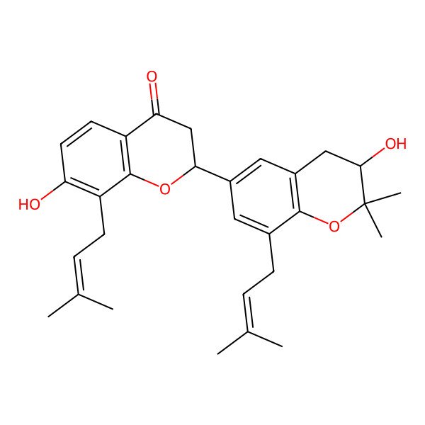 2D Structure of 7-Hydroxy-2-[3-hydroxy-2,2-dimethyl-8-(3-methylbut-2-enyl)-3,4-dihydrochromen-6-yl]-8-(3-methylbut-2-enyl)-2,3-dihydrochromen-4-one