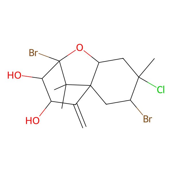 2D Structure of 3,8-Dibromo-4-chloro-4,12,12-trimethyl-11-methylidene-7-oxatricyclo[6.3.1.01,6]dodecane-9,10-diol