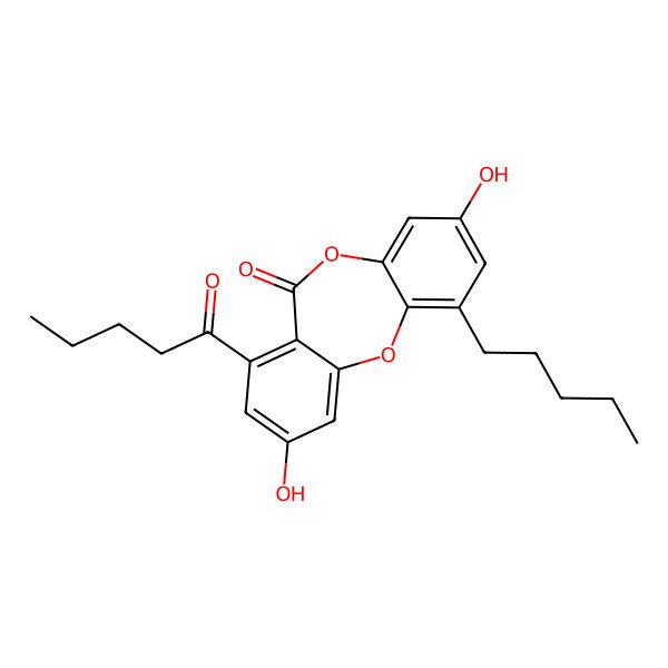2D Structure of 3,8-Dihydroxy-1-pentanoyl-6-pentyl-11H-dibenzo(b,e)(1,4)dioxepin-11-one
