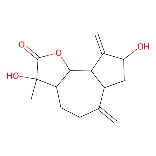 2D Structure of 3,8-Dihydroxy-3-methyl-6,9-dimethylidene-3a,4,5,6a,7,8,9a,9b-octahydroazuleno[4,5-b]furan-2-one