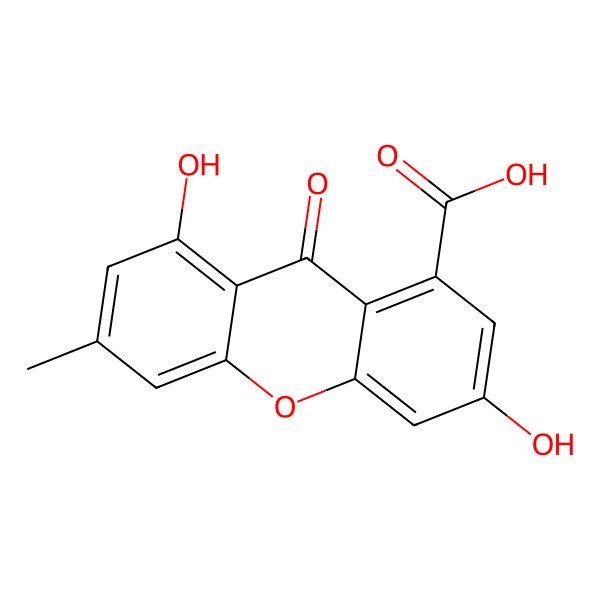 2D Structure of 3,8-Dihydroxy-6-methyl-9-oxo-9H-xanthene-1-carboxylic acid
