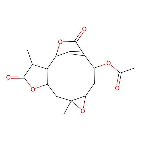 2D Structure of (3,8-Dimethyl-4,14-dioxo-5,9,15-trioxatetracyclo[11.2.1.02,6.08,10]hexadec-13(16)-en-12-yl) acetate