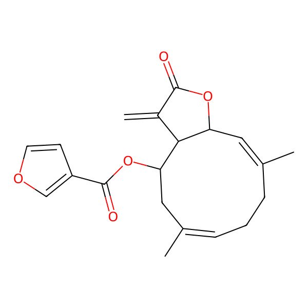 2D Structure of (6,10-Dimethyl-3-methylidene-2-oxo-3a,4,5,8,9,11a-hexahydrocyclodeca[b]furan-4-yl) furan-3-carboxylate