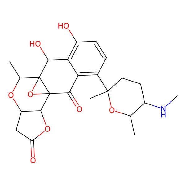 2D Structure of (2S,11S,17R)-7-[(2R,5S,6R)-2,6-dimethyl-5-(methylamino)oxan-2-yl]-2,4-dihydroxy-17-methyl-12,16,18-trioxapentacyclo[8.7.1.01,10.03,8.011,15]octadeca-3,5,7-triene-9,13-dione