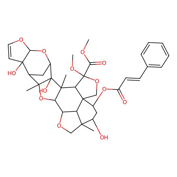 2D Structure of Methyl 7,14,23-trihydroxy-4-methoxy-6,16,22-trimethyl-25-(3-phenylprop-2-enoyloxy)-3,9,11,17,20-pentaoxaoctacyclo[17.6.1.18,15.01,5.06,18.07,16.010,14.022,26]heptacos-12-ene-4-carboxylate