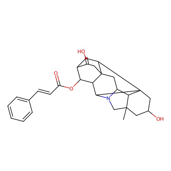 2D Structure of (3,19-Dihydroxy-5-methyl-12-methylidene-7-azaheptacyclo[9.6.2.01,8.05,17.07,16.09,14.014,18]nonadecan-10-yl) 3-phenylprop-2-enoate