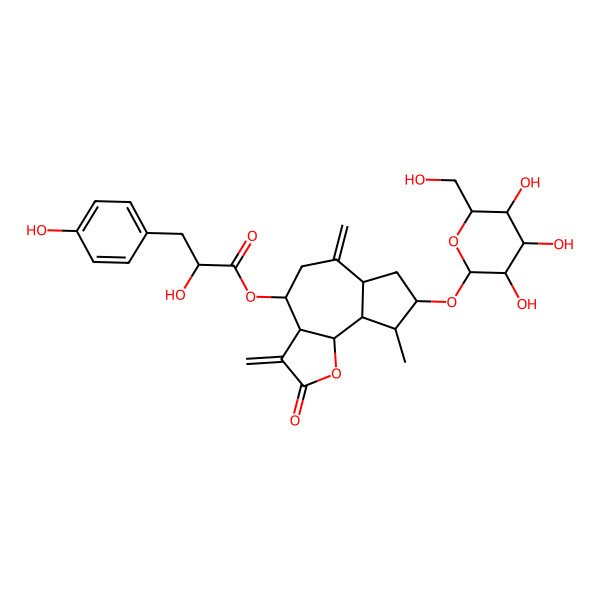 2D Structure of [9-methyl-3,6-dimethylidene-2-oxo-8-[3,4,5-trihydroxy-6-(hydroxymethyl)oxan-2-yl]oxy-4,5,6a,7,8,9,9a,9b-octahydro-3aH-azuleno[4,5-b]furan-4-yl] 2-hydroxy-3-(4-hydroxyphenyl)propanoate