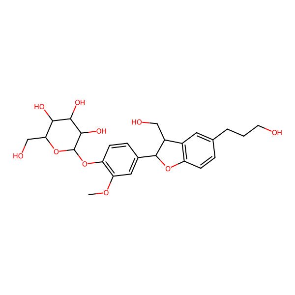 2D Structure of (2R,3S,4S,5R,6S)-2-(hydroxymethyl)-6-[4-[(2S,3R)-3-(hydroxymethyl)-5-(3-hydroxypropyl)-2,3-dihydro-1-benzofuran-2-yl]-2-methoxyphenoxy]oxane-3,4,5-triol