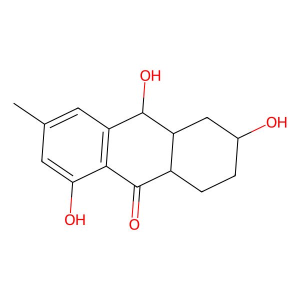 2D Structure of 3,8,10-trihydroxy-6-methyl-2,3,4,4a,9a,10-hexahydro-1H-anthracen-9-one