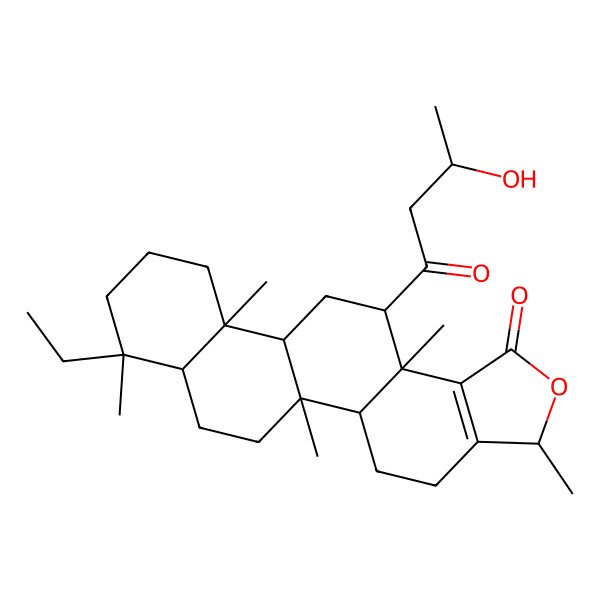 2D Structure of (3S,5aS,5bR,7aS,8S,11aS,11bR,13S,13aR)-8-ethyl-13-(3-hydroxybutanoyl)-3,5b,8,11a,13a-pentamethyl-4,5,5a,6,7,7a,9,10,11,11b,12,13-dodecahydro-3H-phenanthro[1,2-g][2]benzofuran-1-one