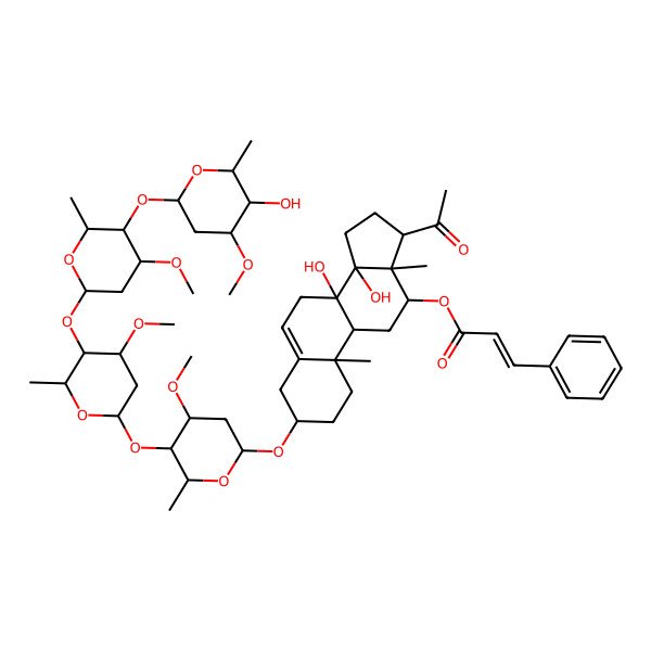 2D Structure of [(3S,8S,9R,10R,12R,13S,14R,17R)-17-acetyl-8,14-dihydroxy-3-[(2R,4S,5R,6R)-5-[(2S,4S,5R,6R)-5-[(2S,4R,5R,6R)-5-[(2S,4S,5R,6R)-5-hydroxy-4-methoxy-6-methyloxan-2-yl]oxy-4-methoxy-6-methyloxan-2-yl]oxy-4-methoxy-6-methyloxan-2-yl]oxy-4-methoxy-6-methyloxan-2-yl]oxy-10,13-dimethyl-2,3,4,7,9,11,12,15,16,17-decahydro-1H-cyclopenta[a]phenanthren-12-yl] (E)-3-phenylprop-2-enoate
