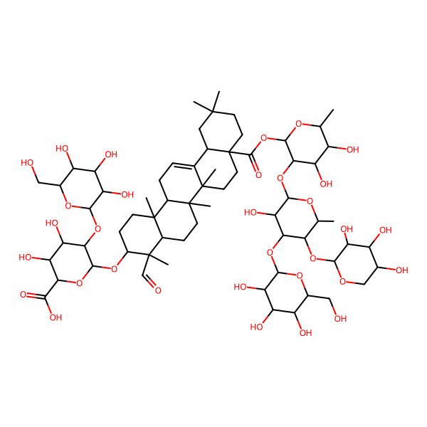 2D Structure of 6-[[8a-[4,5-Dihydroxy-3-[3-hydroxy-6-methyl-4-[3,4,5-trihydroxy-6-(hydroxymethyl)oxan-2-yl]oxy-5-(3,4,5-trihydroxyoxan-2-yl)oxyoxan-2-yl]oxy-6-methyloxan-2-yl]oxycarbonyl-4-formyl-4,6a,6b,11,11,14b-hexamethyl-1,2,3,4a,5,6,7,8,9,10,12,12a,14,14a-tetradecahydropicen-3-yl]oxy]-3,4-dihydroxy-5-[3,4,5-trihydroxy-6-(hydroxymethyl)oxan-2-yl]oxyoxane-2-carboxylic acid
