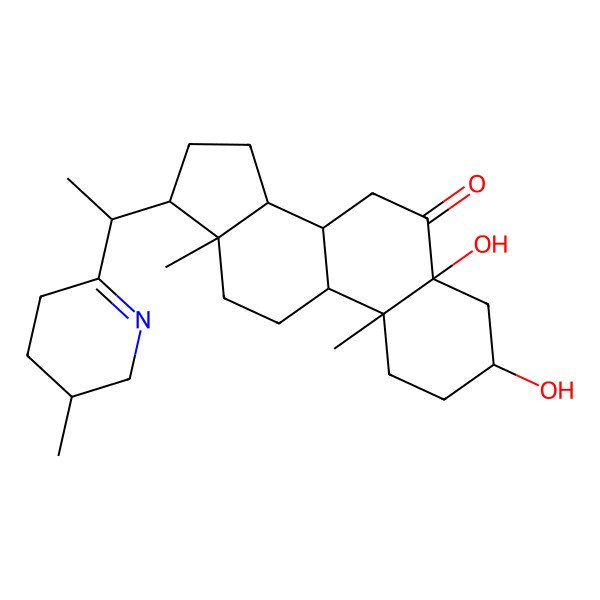 2D Structure of 3,5-dihydroxy-10,13-dimethyl-17-[1-(3-methyl-2,3,4,5-tetrahydropyridin-6-yl)ethyl]-2,3,4,7,8,9,11,12,14,15,16,17-dodecahydro-1H-cyclopenta[a]phenanthren-6-one