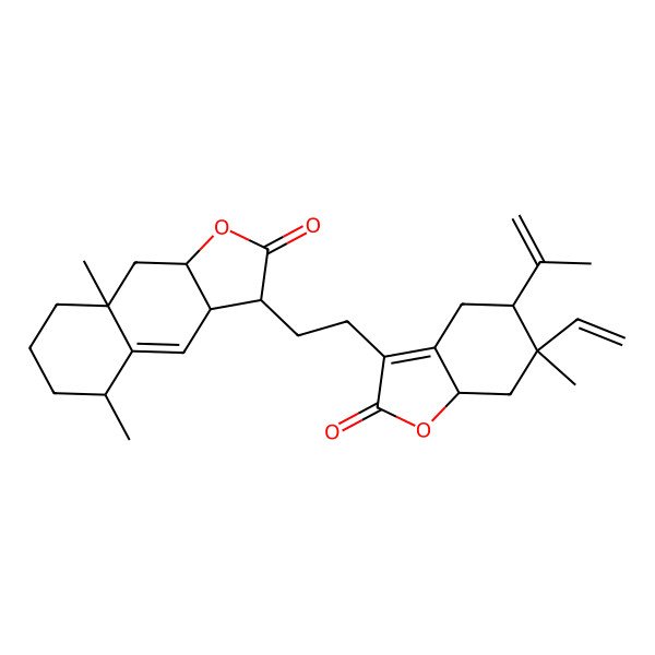 2D Structure of (3S,3aR,5S,8aR,9aR)-3-[2-[(5R,6R,7aR)-6-ethenyl-6-methyl-2-oxo-5-prop-1-en-2-yl-4,5,7,7a-tetrahydro-1-benzofuran-3-yl]ethyl]-5,8a-dimethyl-3,3a,5,6,7,8,9,9a-octahydrobenzo[f][1]benzofuran-2-one