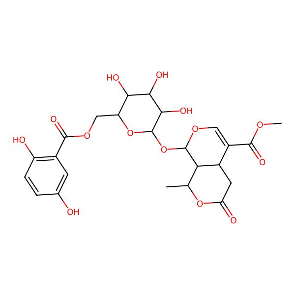 2D Structure of methyl (1R,4aS,8S,8aS)-8-[(2S,3R,4S,5S,6R)-6-[(2,5-dihydroxybenzoyl)oxymethyl]-3,4,5-trihydroxyoxan-2-yl]oxy-1-methyl-3-oxo-4,4a,8,8a-tetrahydro-1H-pyrano[3,4-c]pyran-5-carboxylate
