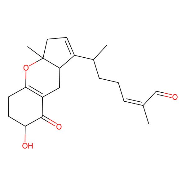 2D Structure of (E,6R)-6-[(3aR,7R,9aS)-7-hydroxy-3a-methyl-8-oxo-3,5,6,7,9,9a-hexahydrocyclopenta[b]chromen-1-yl]-2-methylhept-2-enal