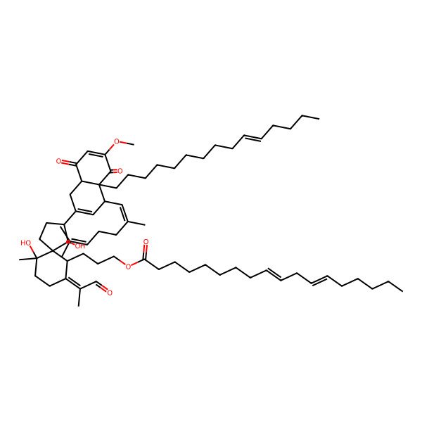2D Structure of 3-[(3S,4R,5S,6R,7Z,10S)-3-[(4R,4aS,8aR)-4-[(1E)-2,6-dimethylhepta-1,5-dienyl]-6-methoxy-5,8-dioxo-4a-[(Z)-pentadec-10-enyl]-4,8a-dihydro-1H-naphthalen-2-yl]-4,10-dihydroxy-10-methyl-7-(1-oxopropan-2-ylidene)spiro[4.5]decan-6-yl]propyl (9Z,12Z)-octadeca-9,12-dienoate