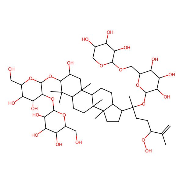 2D Structure of (2S,3R,4S,5S,6R)-2-[(2R,3R,4S,5S,6R)-2-[[(2R,3R,5R,8R,9R,10R,13R,14R,17S)-17-[(2S,5S)-5-hydroperoxy-6-methyl-2-[(2S,3R,4S,5S,6R)-3,4,5-trihydroxy-6-[[(2S,3R,4S,5R)-3,4,5-trihydroxyoxan-2-yl]oxymethyl]oxan-2-yl]oxyhept-6-en-2-yl]-2-hydroxy-4,4,8,10,14-pentamethyl-2,3,5,6,7,9,11,12,13,15,16,17-dodecahydro-1H-cyclopenta[a]phenanthren-3-yl]oxy]-4,5-dihydroxy-6-(hydroxymethyl)oxan-3-yl]oxy-6-(hydroxymethyl)oxane-3,4,5-triol