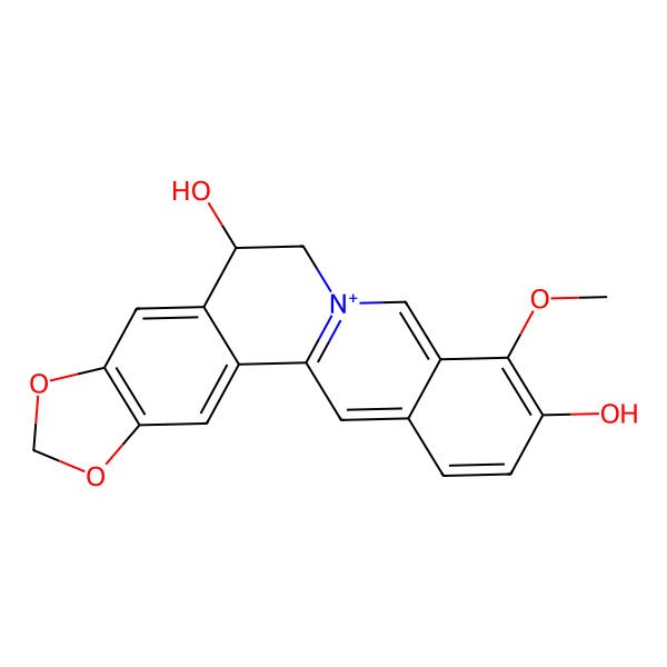 2D Structure of (11R)-16-methoxy-5,7-dioxa-13-azoniapentacyclo[11.8.0.02,10.04,8.015,20]henicosa-1(13),2,4(8),9,14,16,18,20-octaene-11,17-diol