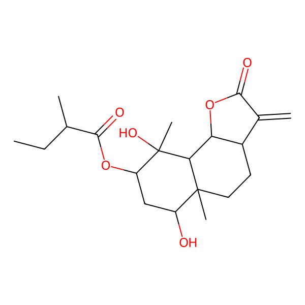 2D Structure of (6,9-Dihydroxy-5a,9-dimethyl-3-methylidene-2-oxo-3a,4,5,6,7,8,9a,9b-octahydrobenzo[g][1]benzofuran-8-yl) 2-methylbutanoate