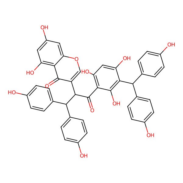 2D Structure of 3-[(2R)-1-[3-[bis(4-hydroxyphenyl)methyl]-2,4,6-trihydroxyphenyl]-3,3-bis(4-hydroxyphenyl)-1-oxopropan-2-yl]-5,7-dihydroxychromen-4-one