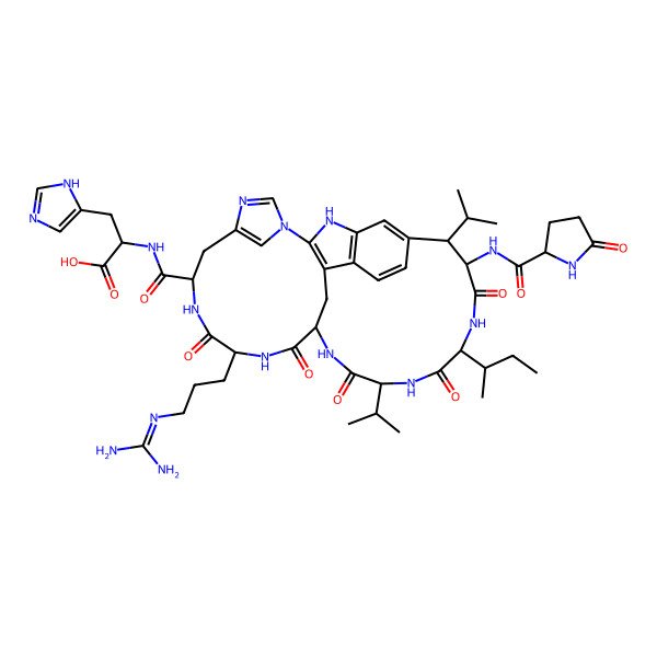 2D Structure of (2S)-2-[[(10S,13S,16S,19S,22S,25S,26R)-22-[(2R)-butan-2-yl]-13-[3-(diaminomethylideneamino)propyl]-12,15,18,21,24-pentaoxo-25-[[(2S)-5-oxopyrrolidine-2-carbonyl]amino]-19,26-di(propan-2-yl)-3,5,7,11,14,17,20,23-octazapentacyclo[14.13.2.12,27.15,8.04,30]tritriaconta-1,4(30),6,8(33),27(32),28-hexaene-10-carbonyl]amino]-3-(1H-imidazol-5-yl)propanoic acid