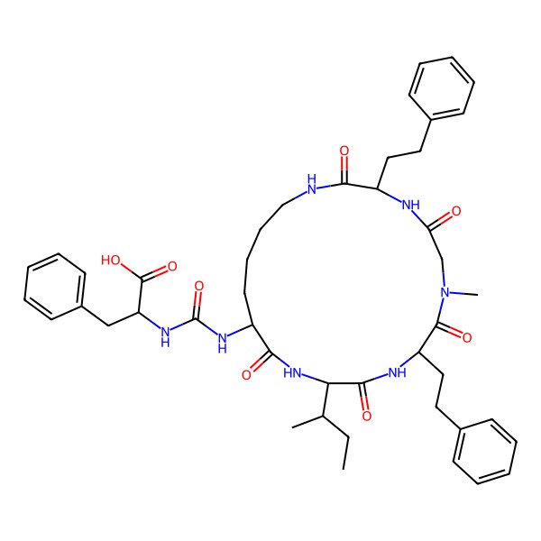 2D Structure of 2-[[12-Butan-2-yl-7-methyl-2,5,8,11,14-pentaoxo-3,9-bis(2-phenylethyl)-1,4,7,10,13-pentazacyclononadec-15-yl]carbamoylamino]-3-phenylpropanoic acid