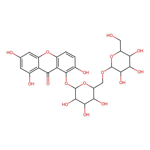 2D Structure of 2,6,8-Trihydroxy-1-[3,4,5-trihydroxy-6-[[3,4,5-trihydroxy-6-(hydroxymethyl)oxan-2-yl]oxymethyl]oxan-2-yl]oxyxanthen-9-one