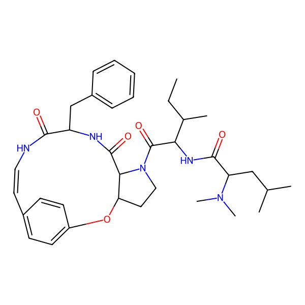 2D Structure of N-[1-[(13E)-10-benzyl-8,11-dioxo-2-oxa-6,9,12-triazatricyclo[13.2.2.03,7]nonadeca-1(17),13,15,18-tetraen-6-yl]-3-methyl-1-oxopentan-2-yl]-2-(dimethylamino)-4-methylpentanamide