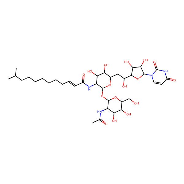 2D Structure of (E)-N-[(2S,3R,4R,5R,6R)-2-[(2S,3S,4S,5R,6S)-3-acetamido-4,5-dihydroxy-6-(hydroxymethyl)oxan-2-yl]oxy-6-[(2R)-2-[(2R,3S,4R,5R)-5-(2,4-dioxopyrimidin-1-yl)-3,4-dihydroxyoxolan-2-yl]-2-hydroxyethyl]-4,5-dihydroxyoxan-3-yl]-11-methyldodec-2-enamide