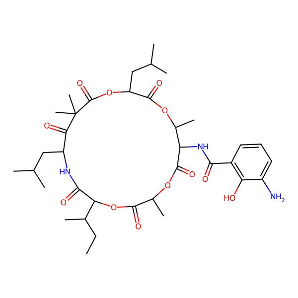 2D Structure of 3-amino-N-[(2R,5R,8S,13S,16R,17S)-5-[(2R)-butan-2-yl]-2,10,10,16-tetramethyl-8,13-bis(2-methylpropyl)-3,6,9,11,14,18-hexaoxo-1,4,12,15-tetraoxa-7-azacyclooctadec-17-yl]-2-hydroxybenzamide