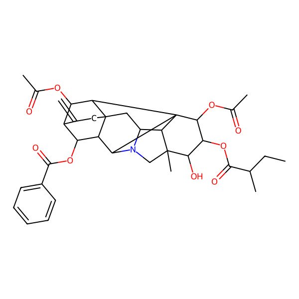 2D Structure of [(1S,2R,3S,4R,5S,8S,9R,10R,11S,14S,16R,17S,18S,19S)-2,19-diacetyloxy-4-hydroxy-5-methyl-3-[(2R)-2-methylbutanoyl]oxy-12-methylidene-7-azaheptacyclo[9.6.2.01,8.05,17.07,16.09,14.014,18]nonadecan-10-yl] benzoate