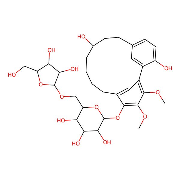 2D Structure of (2S,3R,4S,5S,6R)-2-[[(11S)-11,17-dihydroxy-3,4-dimethoxy-5-tricyclo[12.3.1.12,6]nonadeca-1(17),2,4,6(19),14(18),15-hexaenyl]oxy]-6-[[(2R,3R,4R,5S)-3,4-dihydroxy-5-(hydroxymethyl)oxolan-2-yl]oxymethyl]oxane-3,4,5-triol