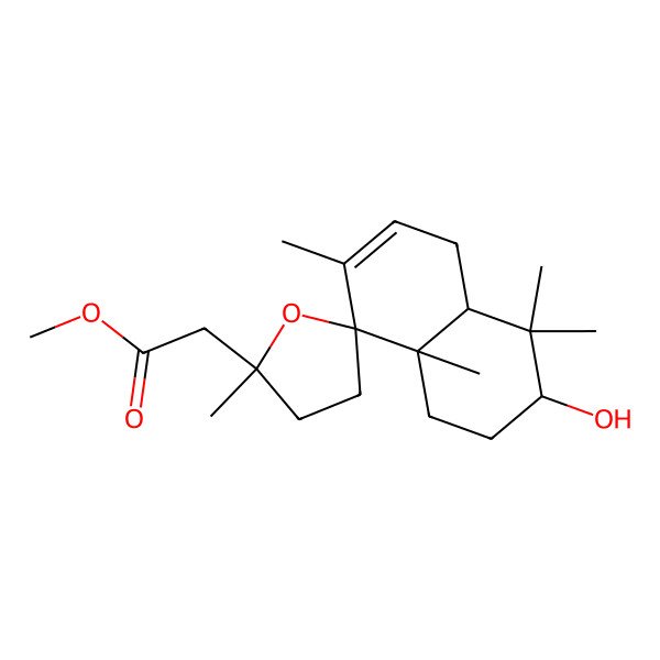 2D Structure of methyl 2-(3-hydroxy-2',4,4,7,8a-pentamethylspiro[2,3,4a,5-tetrahydro-1H-naphthalene-8,5'-oxolane]-2'-yl)acetate