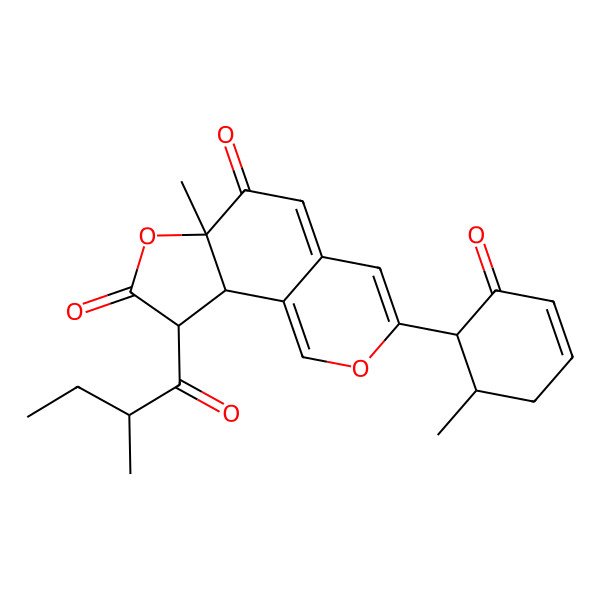 2D Structure of (6aS,9R,9aS)-6a-methyl-9-[(2R)-2-methylbutanoyl]-3-[(1S,6S)-6-methyl-2-oxocyclohex-3-en-1-yl]-9,9a-dihydrofuro[2,3-h]isochromene-6,8-dione