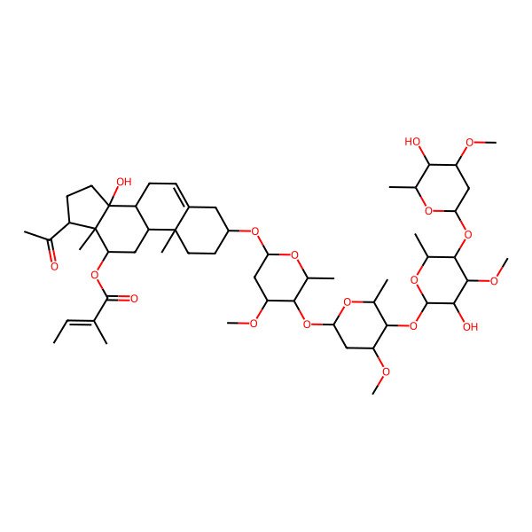 2D Structure of [17-Acetyl-14-hydroxy-3-[5-[5-[3-hydroxy-5-(5-hydroxy-4-methoxy-6-methyloxan-2-yl)oxy-4-methoxy-6-methyloxan-2-yl]oxy-4-methoxy-6-methyloxan-2-yl]oxy-4-methoxy-6-methyloxan-2-yl]oxy-10,13-dimethyl-1,2,3,4,7,8,9,11,12,15,16,17-dodecahydrocyclopenta[a]phenanthren-12-yl] 2-methylbut-2-enoate