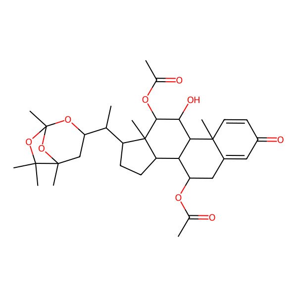 2D Structure of [12-Acetyloxy-11-hydroxy-10,13-dimethyl-3-oxo-17-[1-(1,5,6,6-tetramethyl-2,7,8-trioxabicyclo[3.2.1]octan-3-yl)ethyl]-6,7,8,9,11,12,14,15,16,17-decahydrocyclopenta[a]phenanthren-7-yl] acetate