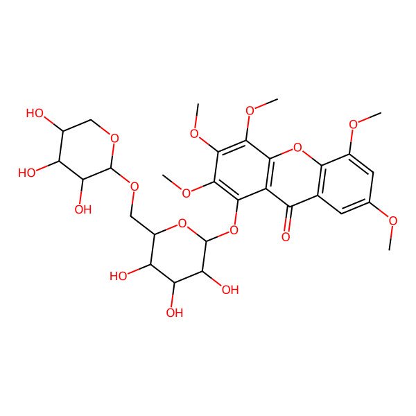 2D Structure of 2,3,4,5,7-Pentamethoxy-1-[3,4,5-trihydroxy-6-[(3,4,5-trihydroxyoxan-2-yl)oxymethyl]oxan-2-yl]oxyxanthen-9-one